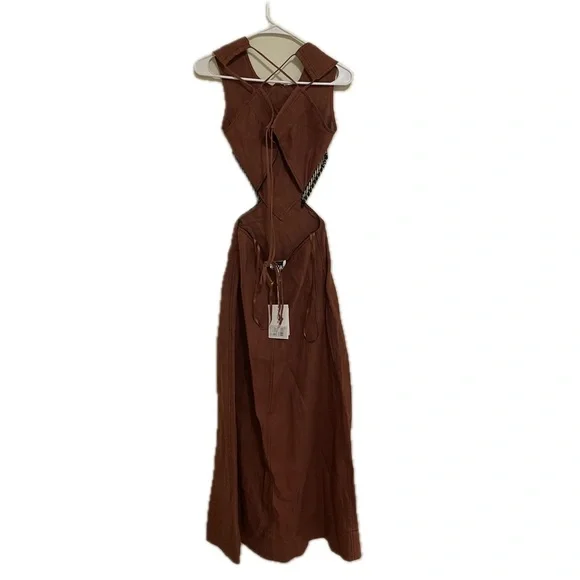 Ganni Hemp Maxi Dress with Beaded Trim Rootbeer Brown - Picture 8 of 16